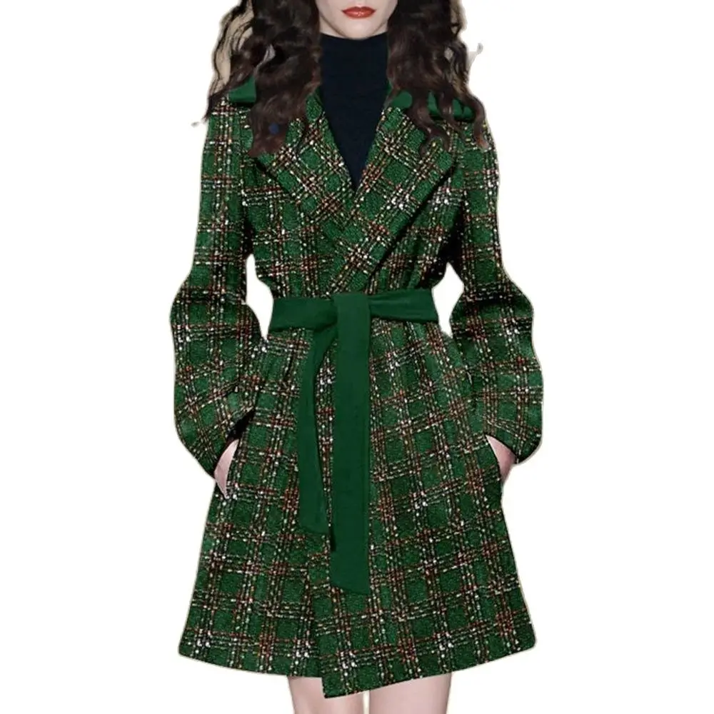 Новинка 2023, весенне-осеннее пальто для женщин, древний длинный твидовый пояс на шнуровке, винтажное модное зеленое шерстяное пальто в клетку, куртка 
Новинка 2023, весенне-осеннее пальто для женщин, древний длинный твидовый пояс на шнуровке, винтажное модное зеленое шерстяное пальто в клетку, куртка