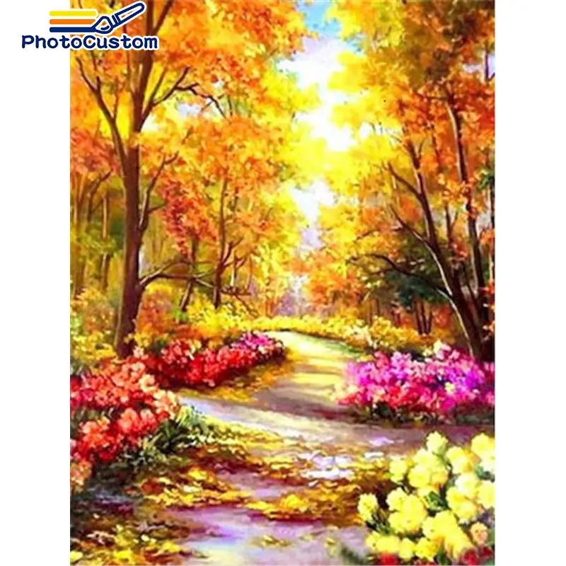 

PhotoCustom DIY Pictures By Number Forest Tree Kits Painting By Numbers Scenery Drawing On Canvas HandPainted Art Gift