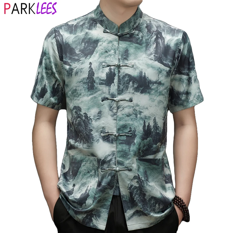 

Mens Landscape Painting Print Mandarin Collar Shirt Short Sleeve Chinese Style Frog Button Shirt Casual Traditional Clothes 3XL