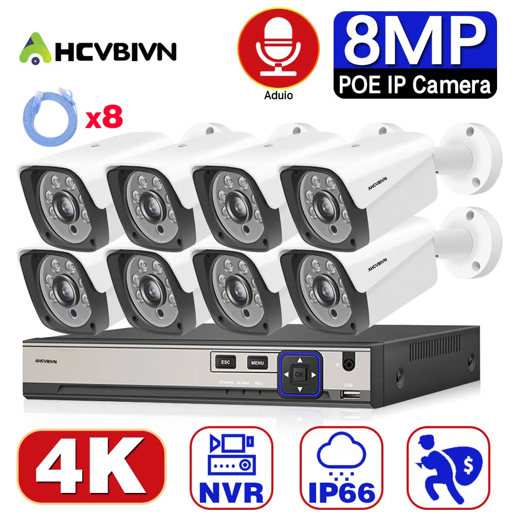 

Комплект для видеонаблюдения, 8 каналов, 4K POE NVR, 8 Мп, наружная водонепроницаемая IP-камера IP66, аудио и видео система охранного видеонаблюдения