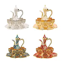 Vintage Turkish Coffee Pot Set Crafts Tea Set with 6 Cups, Tray Teapot Luxury Flagon Set for Home Decoration Serving Tea Coffee