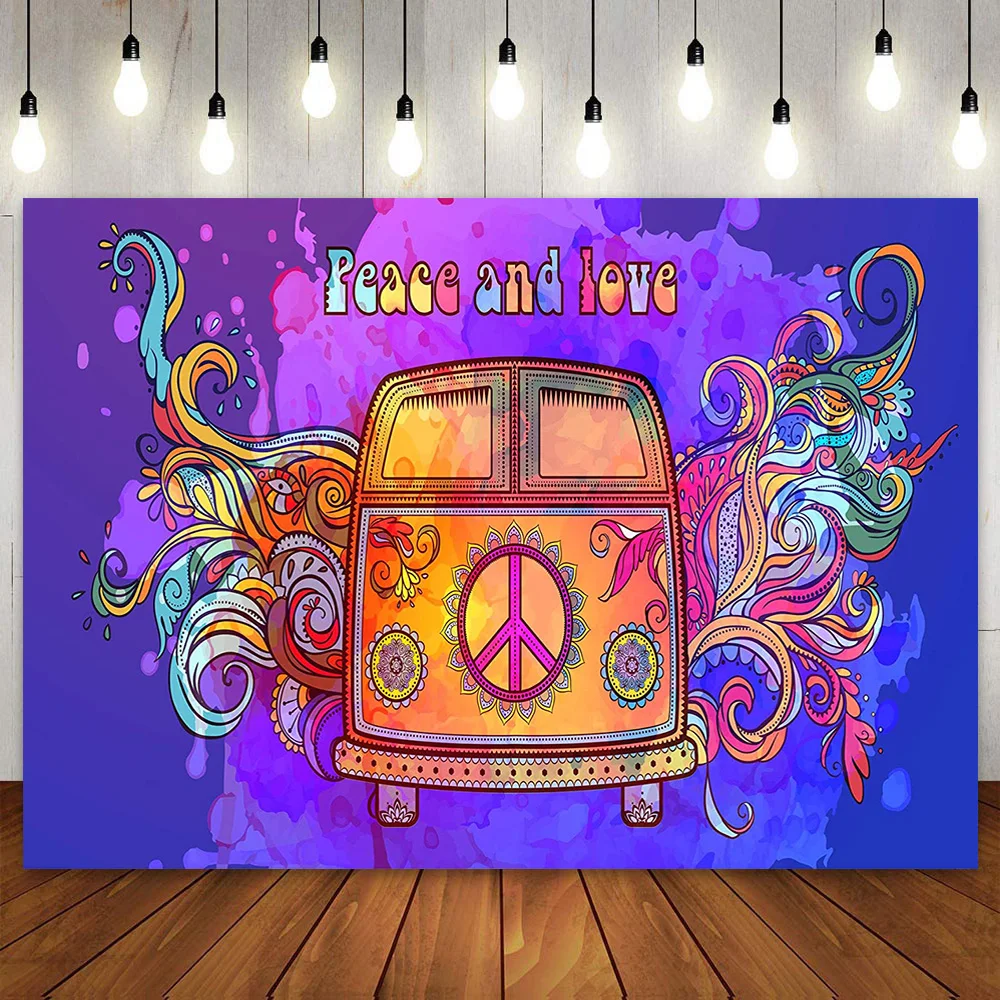 

Мир и любовь фон хиппи автобус галстук краситель Groovy 60s 70s Бохо фотография Фон музыка День рождения детский душ Первая фотография