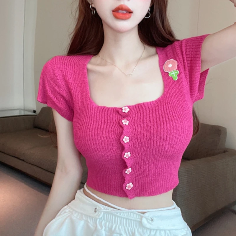 Rose Red Square-neck Short-sleeved Sweater T-shirt Women's Summer Sweet Hot Girl Flower Collarbone Bottoming Cardigan Short Tops
Rose Red Square-neck Short-sleeved Sweater T-shirt Women's Summer Sweet Hot Girl Flower Collarbone Bottoming Cardigan Short Tops