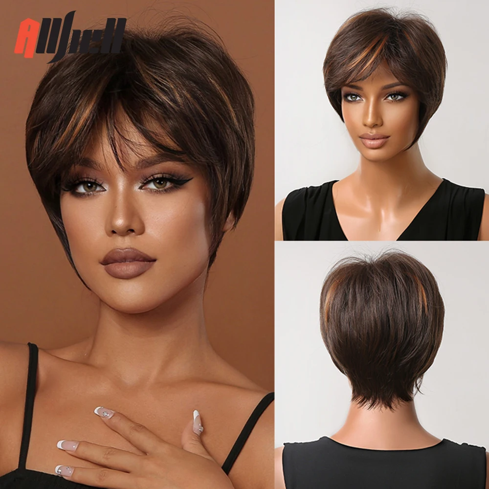 

Natural Brown Highlight Synthetic Wigs Short Straight Hair Wigs with Bang for Black Women Cosplay Daily Use Wig Heat Resistant