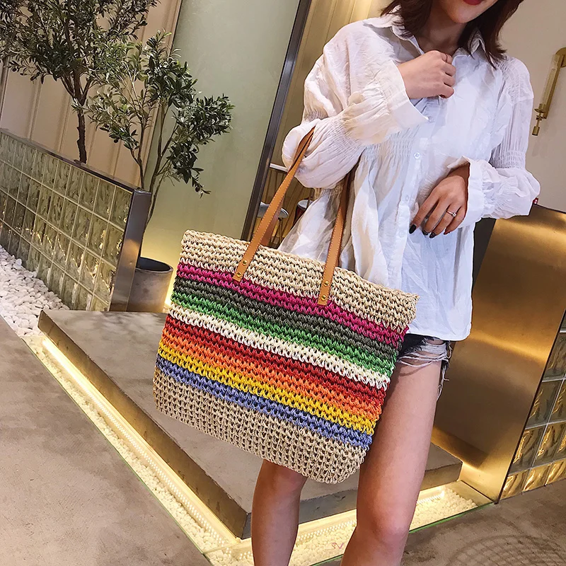 2023 Women Rainbow color Handbag Beach Bag Rattan Woven Handmade Knitted Straw Large Capacity Tote Leather Women Shoulder Bag
2023 Women Rainbow color Handbag Beach Bag Rattan Woven Handmade Knitted Straw Large Capacity Tote Leather Women Shoulder Bag