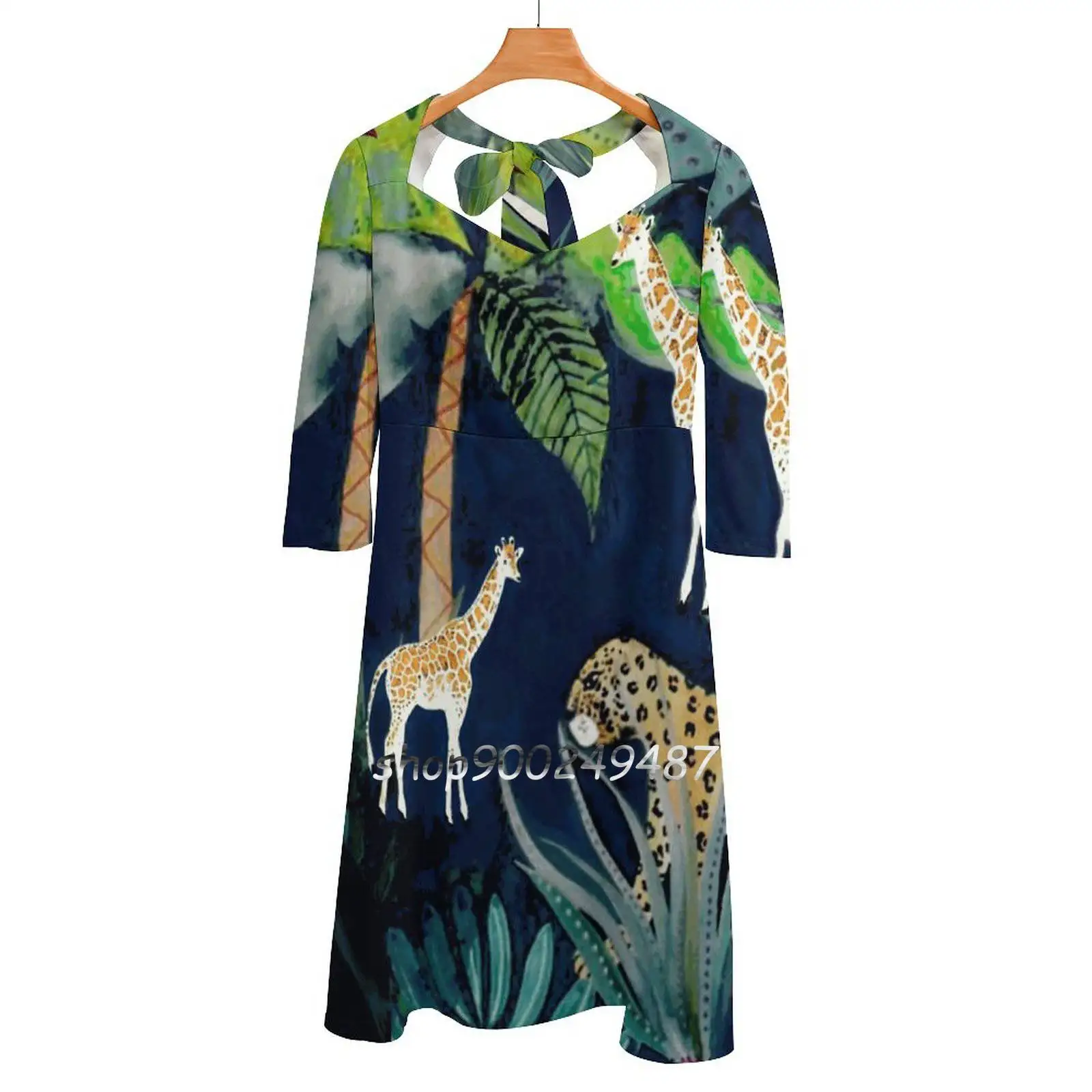 

Jungle Theme Design Sweetheart Knot Flared Dress Fashion Design Large Size Loose Dress Jungle Africa Tropical Giraffe Toucans