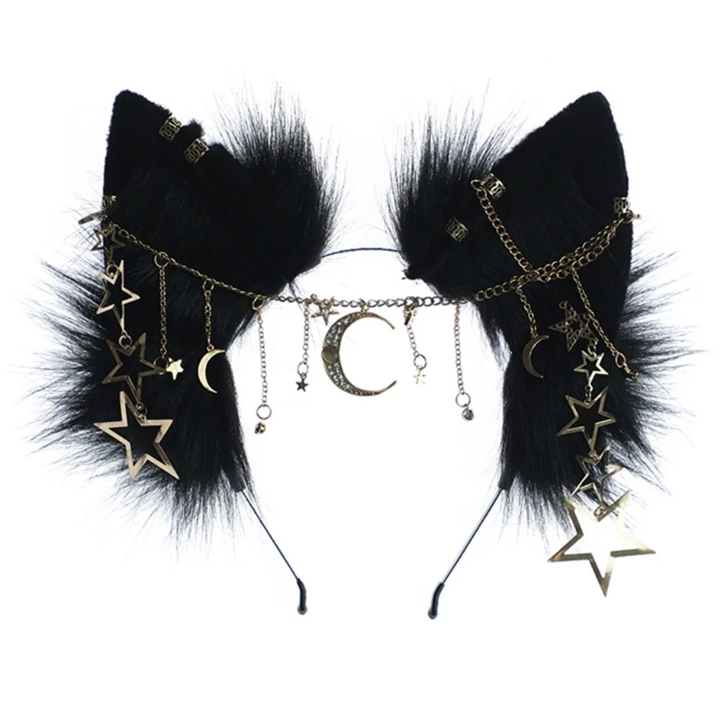

Teenagers Cat Foxes Ear Headband with Forehead Chain Decors Carnivals Hairband