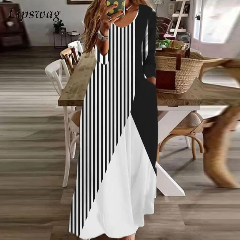 Женское Повседневное платье с принтом, Длинное свободное пляжное платье с круглым вырезом и длинным рукавом, офисное платье для вечеринки, ...