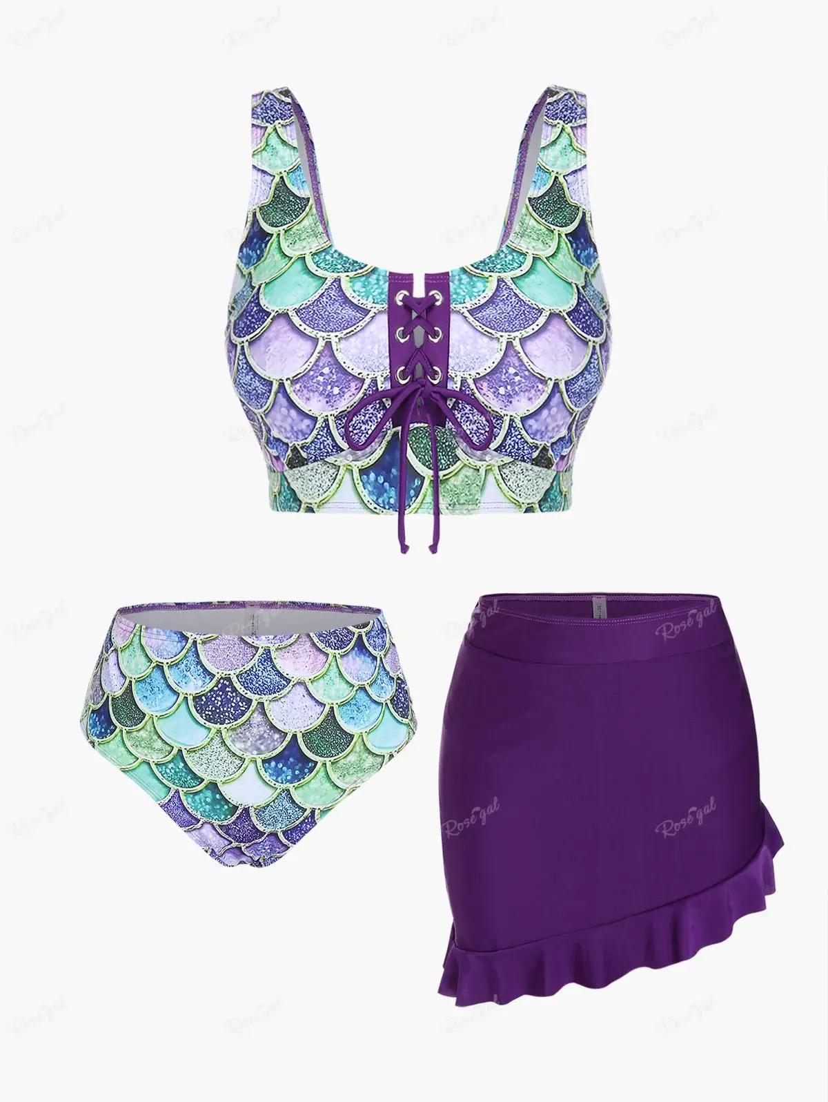 

ROSEGAL Plus Size Mermaid Printed Lace Up Three Piece Swimsuit Bikinis 2023 New Fashion High Waist Tankini Swimwears For Girl