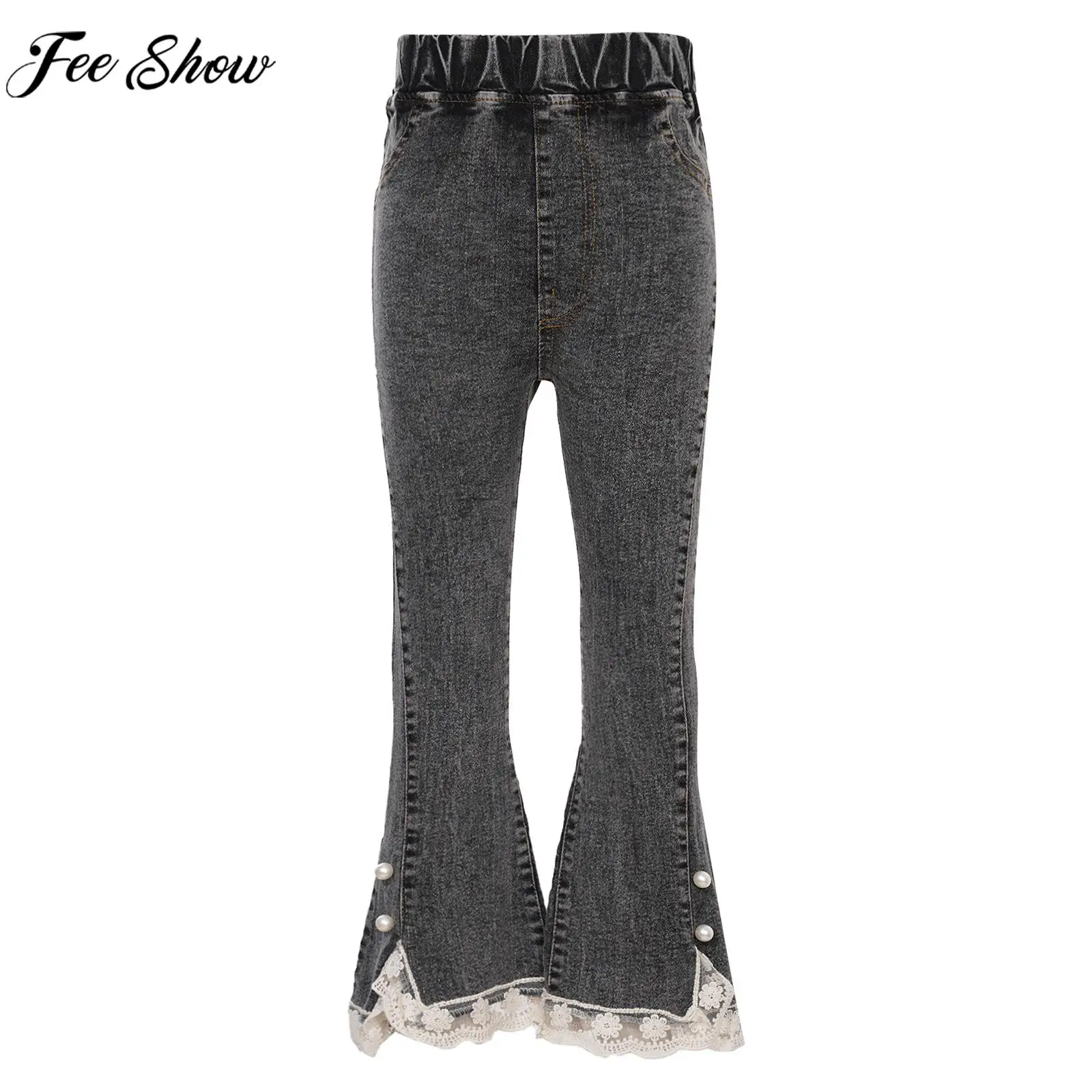 

Teen Girls Casual Preppy Style Flared Jeans Fashion Slit Lace Hem Denim Bell-Bottom Pants School Daily Party Vacation Trousers