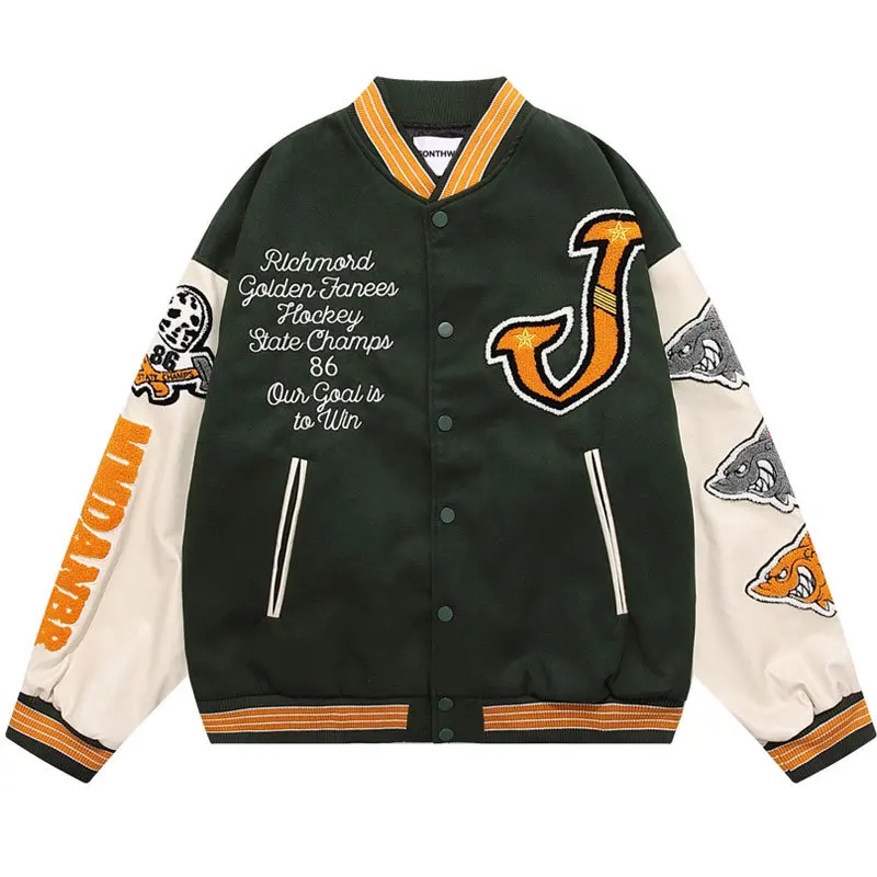 

Varsity Baseball Bomber Jacket Hip Hop Embroidery Furry Shark Patchwork Leather Coats Harajuku Casual College Jacket Streetwear