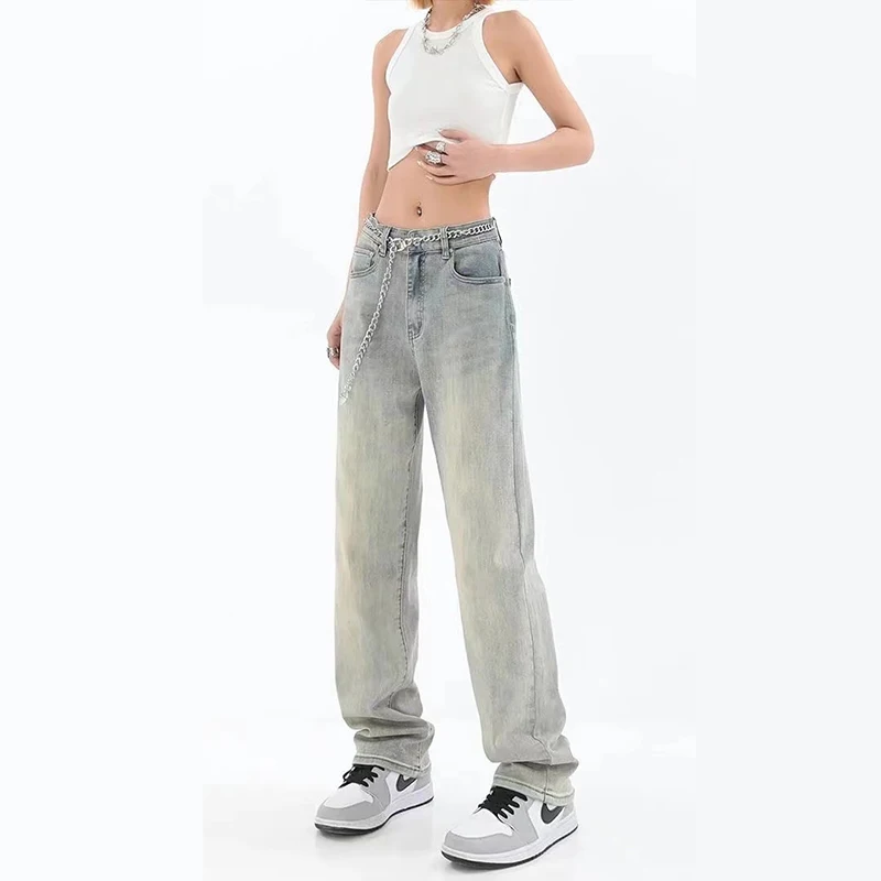 

American Street Yellow Mud Dyed Jeans Women's Summer New Washed And Worn Casual Straight Mopping Pants Denim Trousers Female