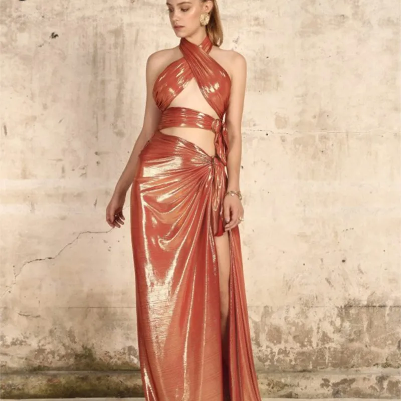 2022 New Summer Women Sexy Sleeveless Halter Hollow Out High Slit Shiny Long Dress Fashion Design Nightclub Party Dresses
2022 New Summer Women Sexy Sleeveless Halter Hollow Out High Slit Shiny Long Dress Fashion Design Nightclub Party Dresses
