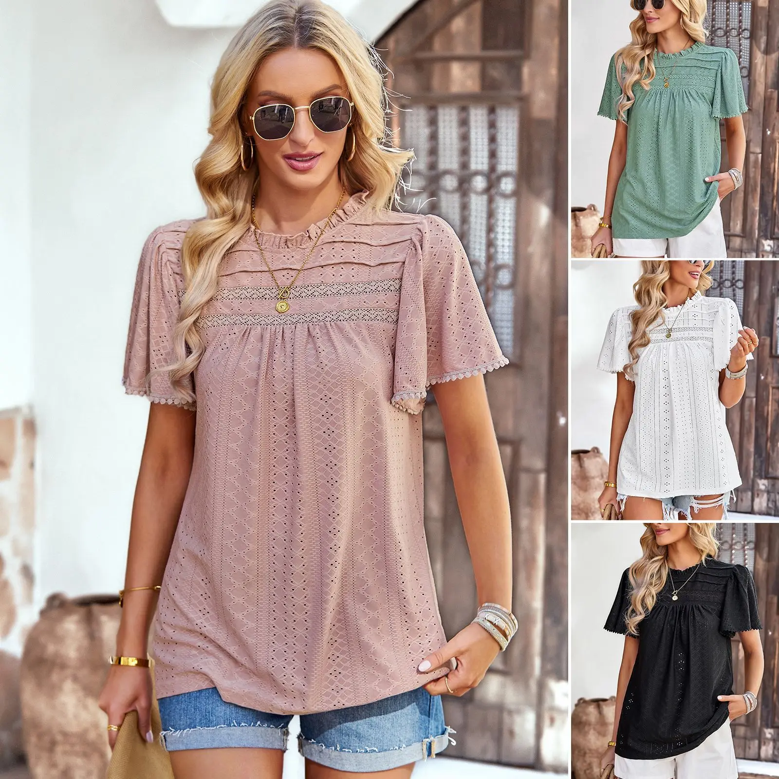 Summer Women O-neck Pure Color Lace Hollow Out Temperament Casual T-shirt Tees Women Clothing
Summer Women O-neck Pure Color Lace Hollow Out Temperament Casual T-shirt Tees Women Clothing