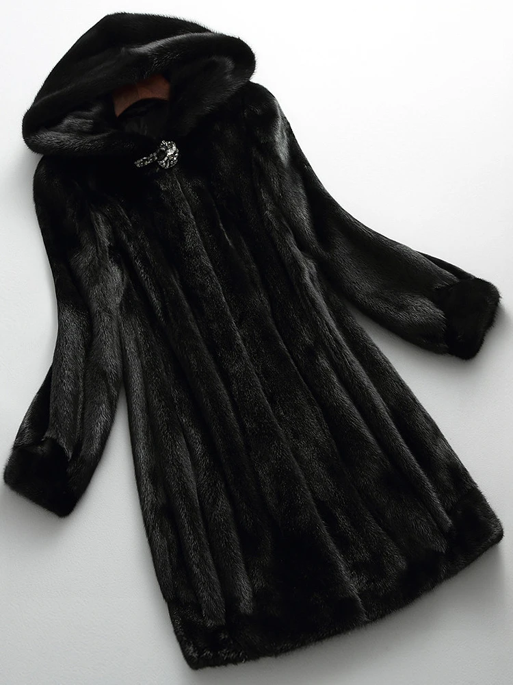 

Winter Luxury Long Black Faux Mink Fur Coat Women with Hood Long Sleeve Elegant Thick Warm Fluffy Furry Jacket 6xl 7xl