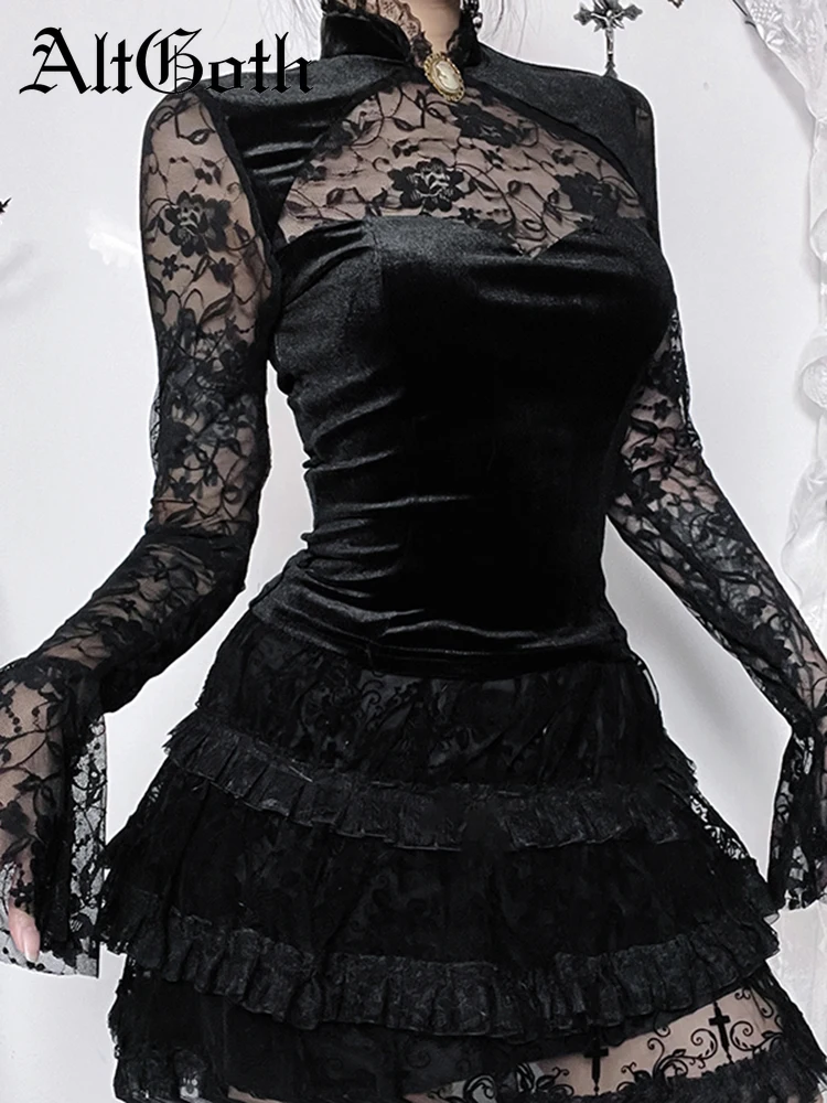 AltGoth Dark Goth Velvet T-shirt Women Aesthetic Vintage Lace Sleeve Turn-down Collar Tee Top Harajuku Streetwear Grunge Clothes
AltGoth Dark Goth Velvet T-shirt Women Aesthetic Vintage Lace Sleeve Turn-down Collar Tee Top Harajuku Streetwear Grunge Clothes