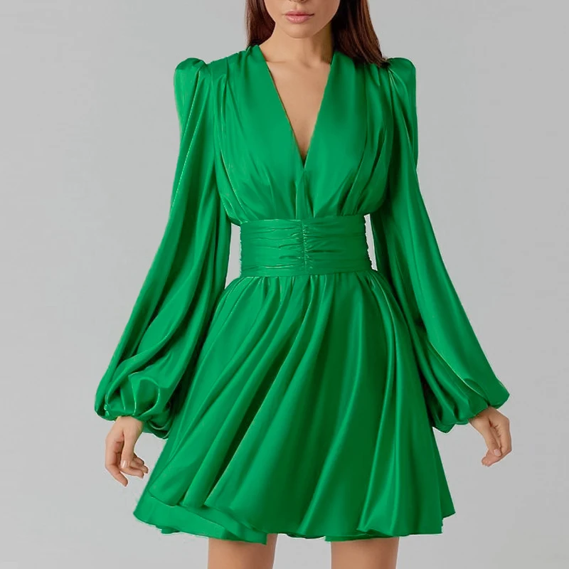 Elegant Temperament V-neck High Waist Pleated A-line Dress Spring Fashion Lantern Sleeves Women Party Dress Casual Solid Dresses
Elegant Temperament V-neck High Waist Pleated A-line Dress Spring Fashion Lantern Sleeves Women Party Dress Casual Solid Dresses