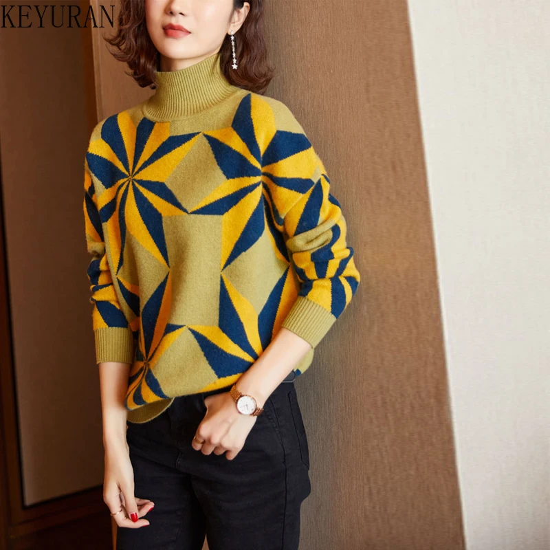 2021 Autumn Winter Turtleneck Sweater Women's Loose Diamond Lattice Long-sleeved Knitted Pullover Cashmere Sweater Women Jumper
2021 Autumn Winter Turtleneck Sweater Women's Loose Diamond Lattice Long-sleeved Knitted Pullover Cashmere Sweater Women Jumper