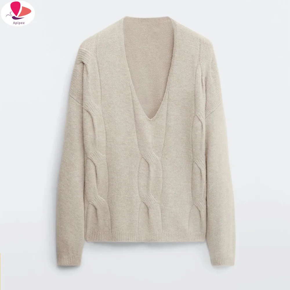 

APIPEE 2023 Elegant Solid Knitting Pullovers Wool Sweater Women Casual Loose V-neck Oversized Sweater Female All-match Jumper
