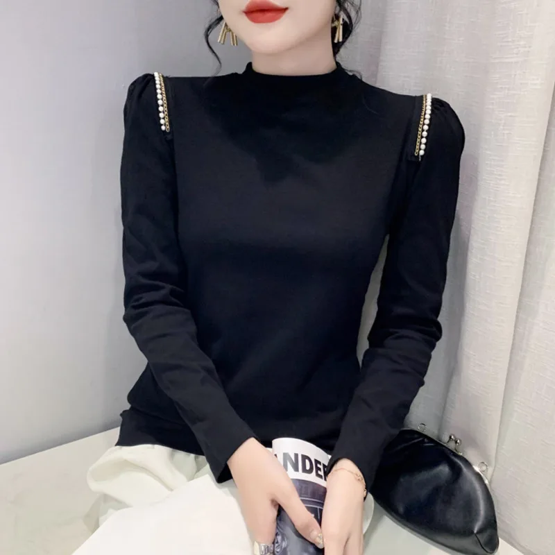 #8134 Spring Autumn Puff Sleeve T Shirt Women Half High Collar Pearls Sexy Tight Basic Tshirt Femme Korean Style Elastic Cotton
#8134 Spring Autumn Puff Sleeve T Shirt Women Half High Collar Pearls Sexy Tight Basic Tshirt Femme Korean Style Elastic Cotton