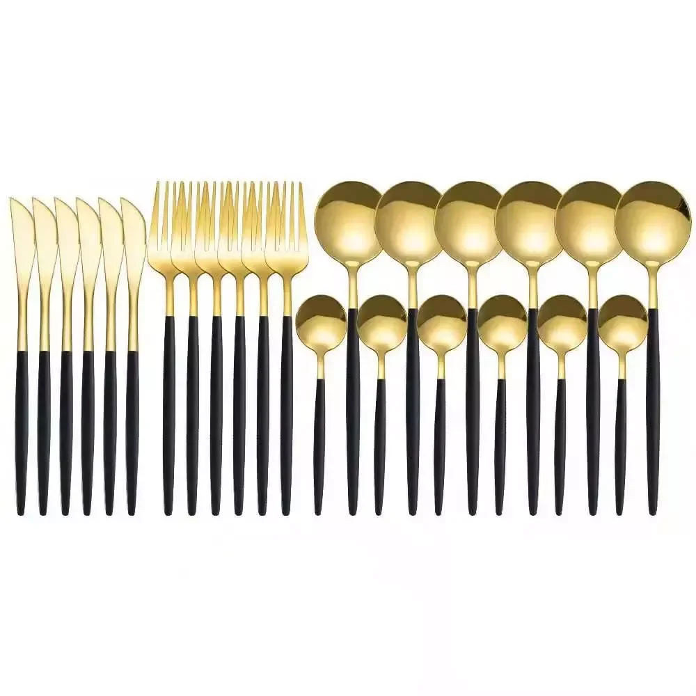 24 Pcs / Set Stainless Steel Dinner Black Gold Dinnerware Set Knife Fork Coffee Spoon Cutlery Set Kitchen Tableware Set
24 Pcs / Set Stainless Steel Dinner Black Gold Dinnerware Set Knife Fork Coffee Spoon Cutlery Set Kitchen Tableware Set