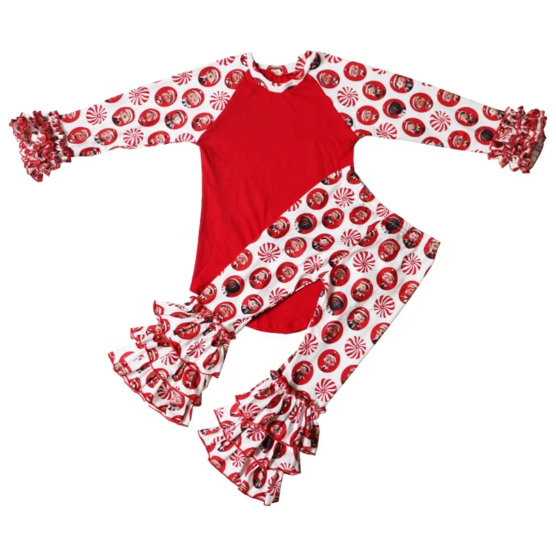 

Fashion Girls Kids Clothing Red Round Neck Cartoon Character Print Raglan Sleeves with Polka Dot Flared Pants Set