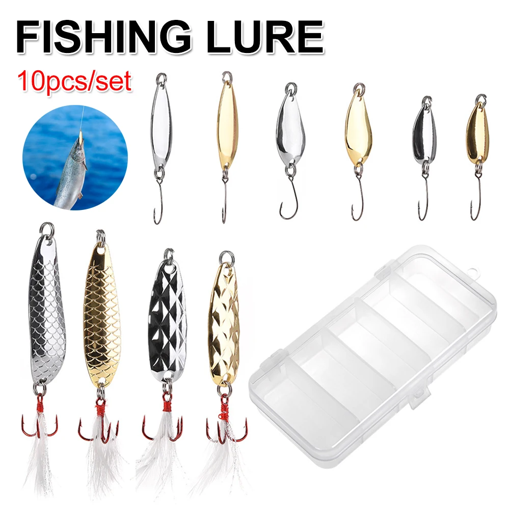 10pcs Spinning Fishing Spoons Sequins Metal Hard Bait with Box Spinnerbait with Hook Fishing Tackle for Trout Perch Pike
10pcs Spinning Fishing Spoons Sequins Metal Hard Bait with Box Spinnerbait with Hook Fishing Tackle for Trout Perch Pike