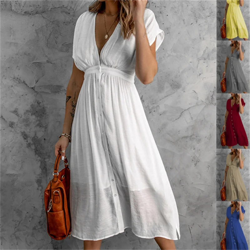 Solid Color Leisure Summer New Double Layer Tulle Solid Color Dress Women's Deep V Short Sleeve Waist Beach
Solid Color Leisure Summer New Double Layer Tulle Solid Color Dress Women's Deep V Short Sleeve Waist Beach