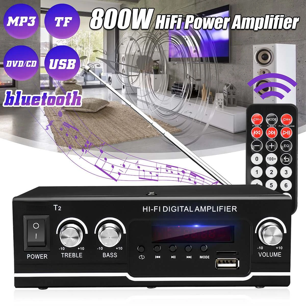 800WHome Digital Amplifiers Audio 100-220V DC12V Bass Audio Power bluetooth Amplifier Hifi FM USB Auto Music Subwoofer Speakers
800WHome Digital Amplifiers Audio 100-220V DC12V Bass Audio Power bluetooth Amplifier Hifi FM USB Auto Music Subwoofer Speakers
