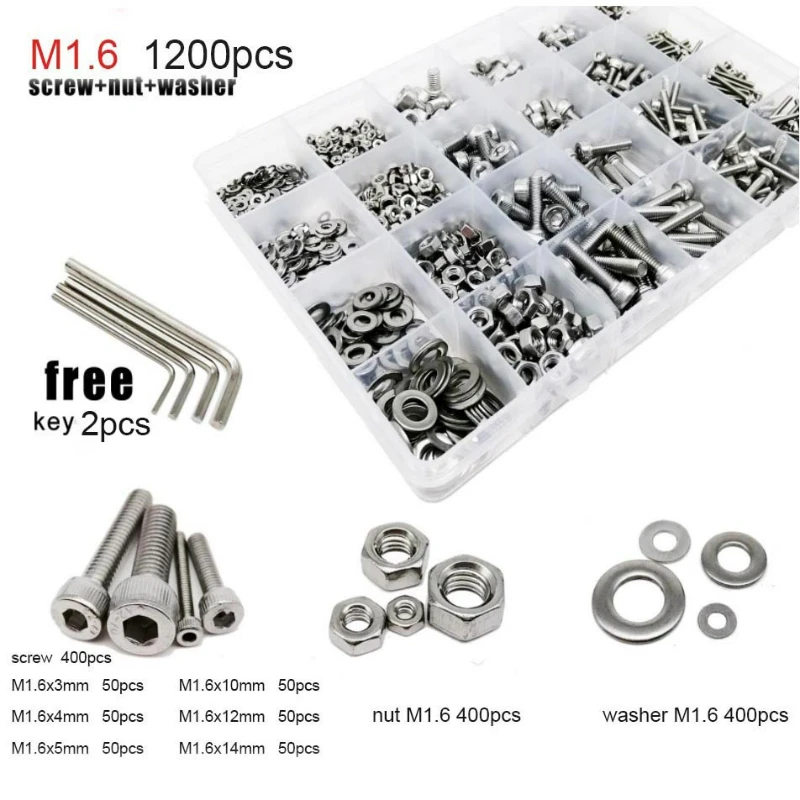 1 Box DIN912 304 A2 Stainless Steel Hex Hexagon Socket Allen Cap Head Screw Bolt Nut Assortment Kit M1.6/M2/M2.5/M3/M4/M5/M6/M8
1 Box DIN912 304 A2 Stainless Steel Hex Hexagon Socket Allen Cap Head Screw Bolt Nut Assortment Kit M1.6/M2/M2.5/M3/M4/M5/M6/M8