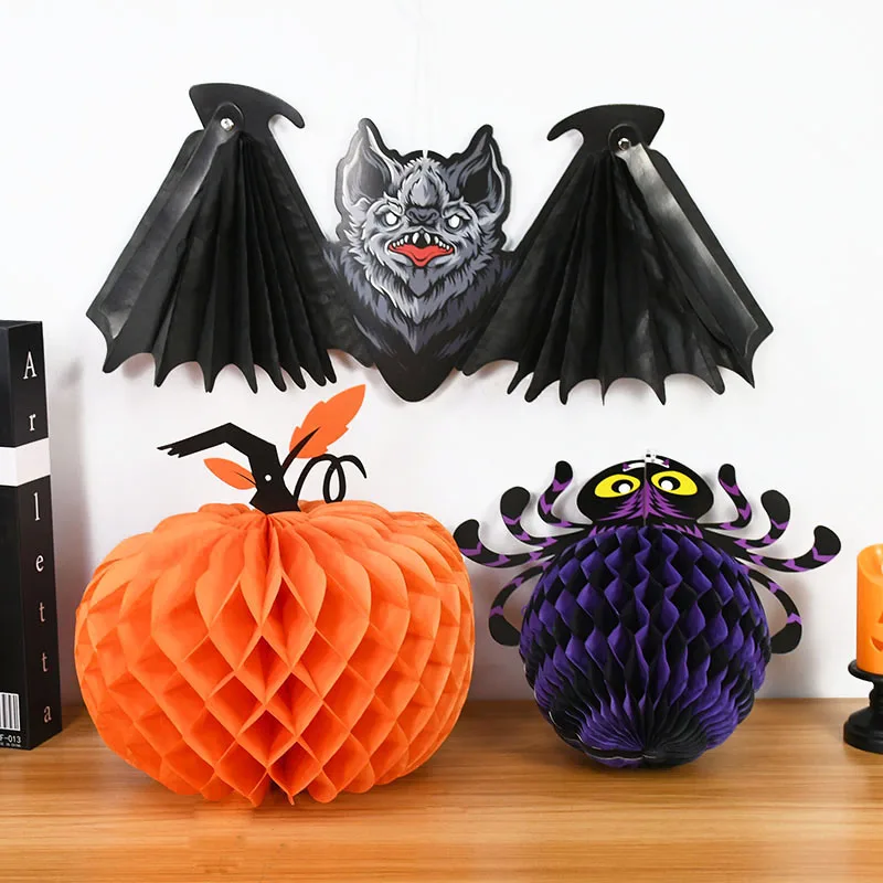 

1pc Halloween Pumpkin Honeycomb Balls Haunted House Paper Spider Bat Ghost Pendants For Halloween Party Home Hanging Decor Props