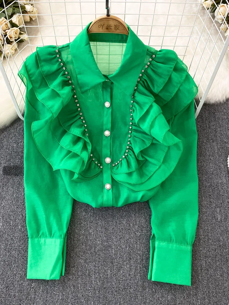 Women Autumn Shirt Diamond Ruffled Edge Stitching with Irregular Design Single Breasted Shirt Casual Fashionable Top D5646
Women Autumn Shirt Diamond Ruffled Edge Stitching with Irregular Design Single Breasted Shirt Casual Fashionable Top D5646