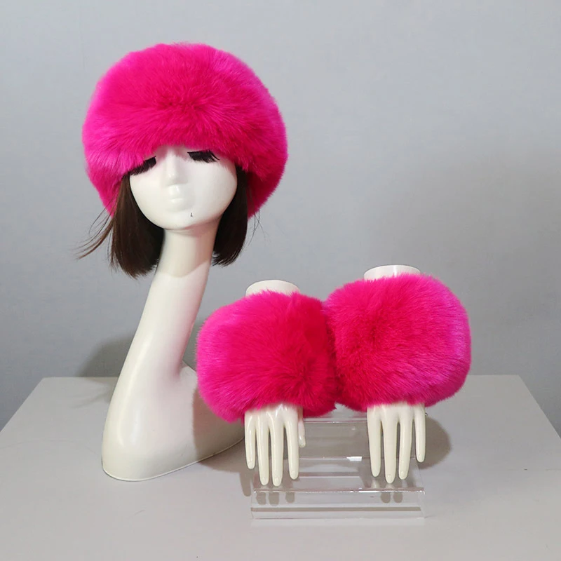 

New Autumn Winter Caps Female Hats Cuffs Set Fashion Warmth Imitation Quality Design Faux Fur Hat Fox Fur Sleeves Suit Accessary