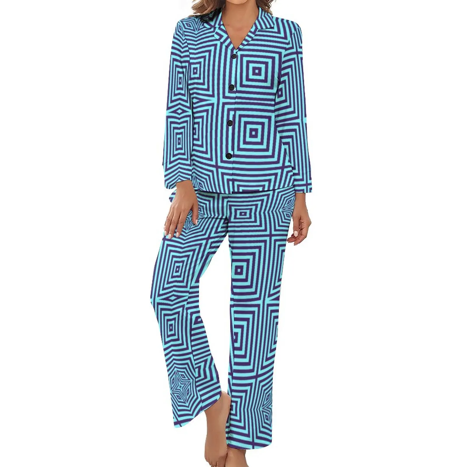 

Abstract Geometry Pajamas Women Ice Mint Print Romantic Sleepwear Autumn Long Sleeves 2 Pieces Casual V Neck Design Pajama Sets