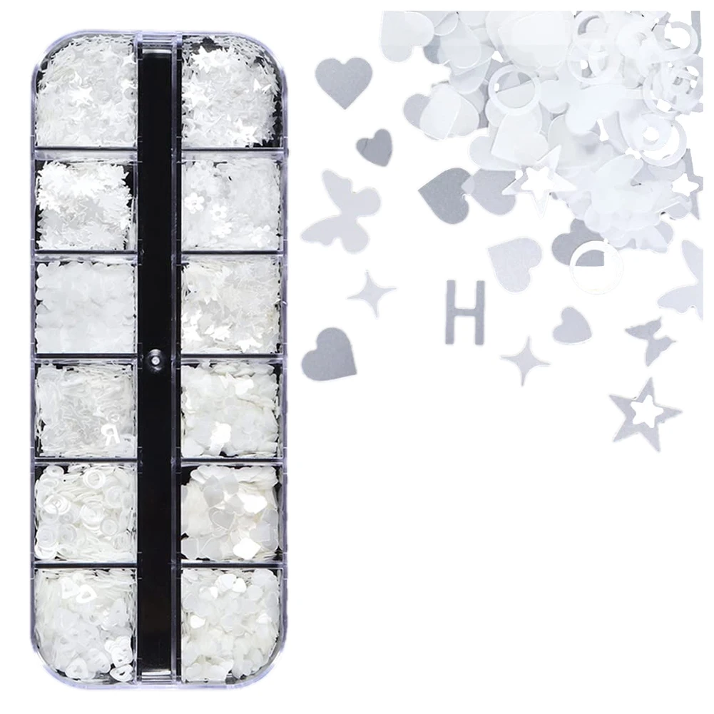 12 Grid Long Strip Box Pure White Nail Sequins Love Butterfly PET Sequins Nail Decoration
12 Grid Long Strip Box Pure White Nail Sequins Love Butterfly PET Sequins Nail Decoration