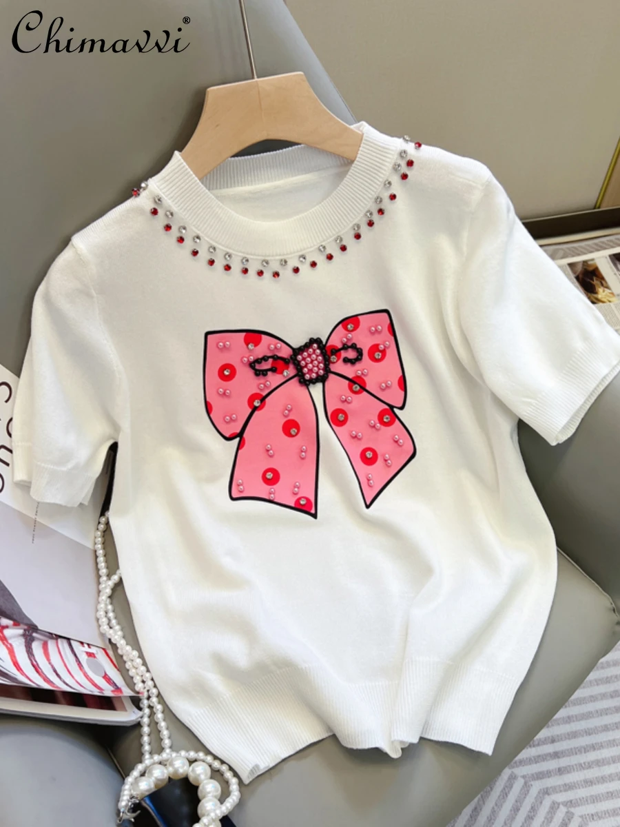 2022 Summer Fashion Design Exquisite Rhinestone Beaded Bowknot Printed Short-Sleeved T-shirt Ice Silk Knitted Tshirts Women Top
2022 Summer Fashion Design Exquisite Rhinestone Beaded Bowknot Printed Short-Sleeved T-shirt Ice Silk Knitted Tshirts Women Top