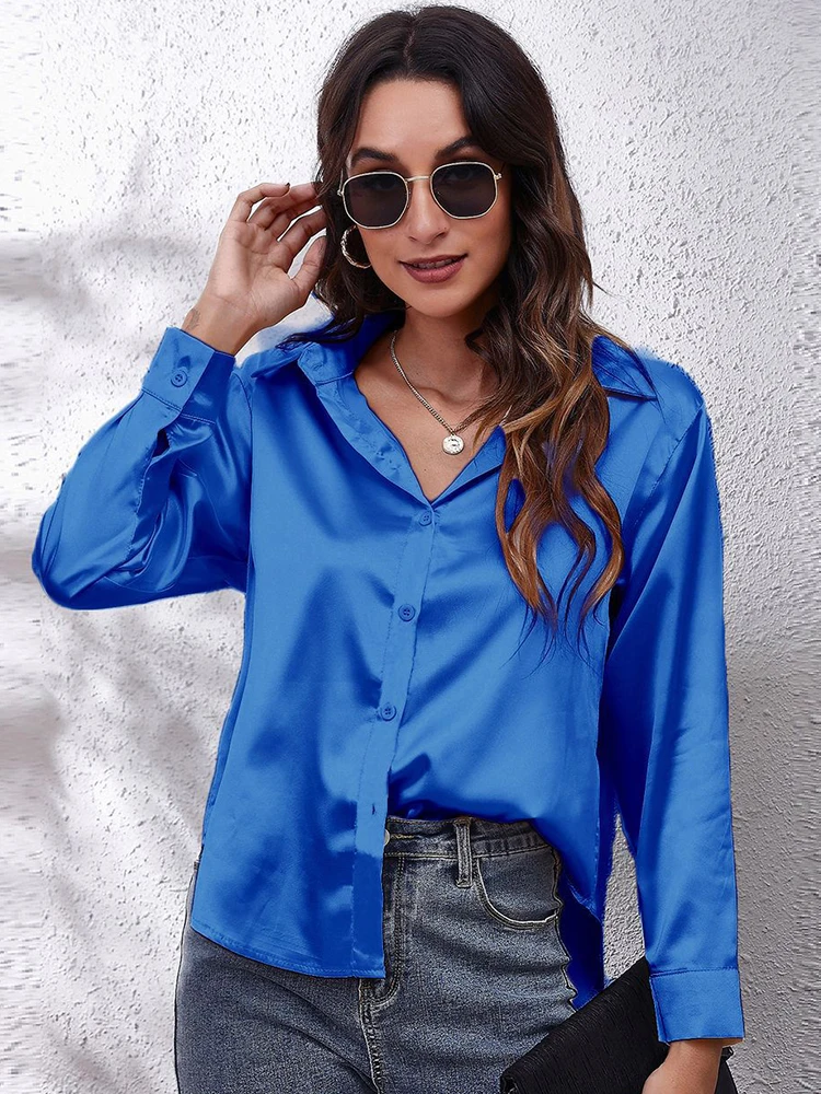 

Liooil Sexy Satin Shirts Women Button Up Cardigan Tops And Blouses Summer Long Sleeve Turndown Collar Black White Loose Blouses