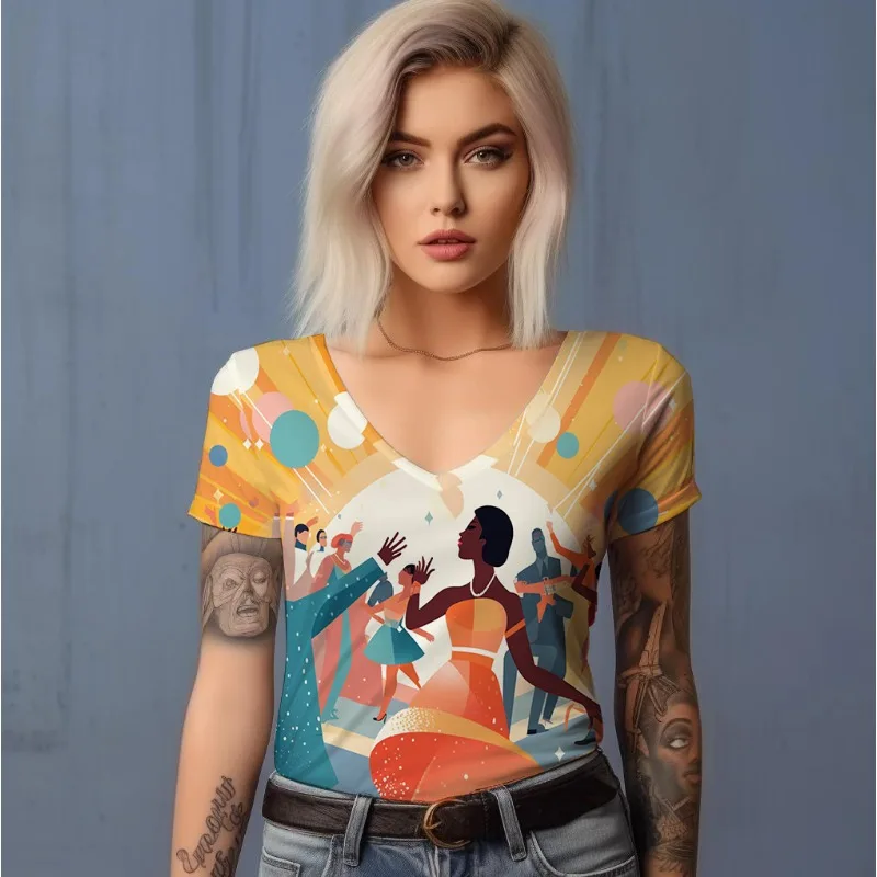 Повседневная простая летняя футболка, Лидер продаж, футболка с коротким рукавом, модная футболка с 3D принтом, Женская Классическая футболка с V-образным вырезом