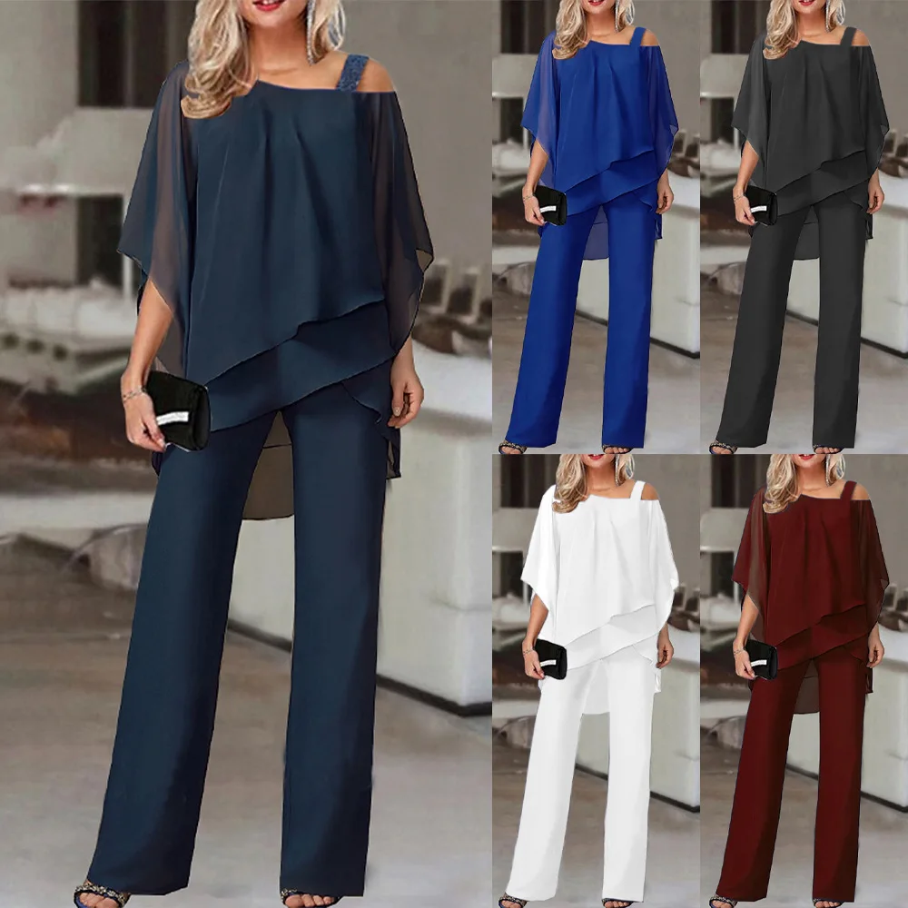 

Elegant Asymmetric Long Pant Sets 2 Piece For Women Black Blue Bat Half Sleeve Tops Party Wear Wide Leg Fashion Lady Pants Suit