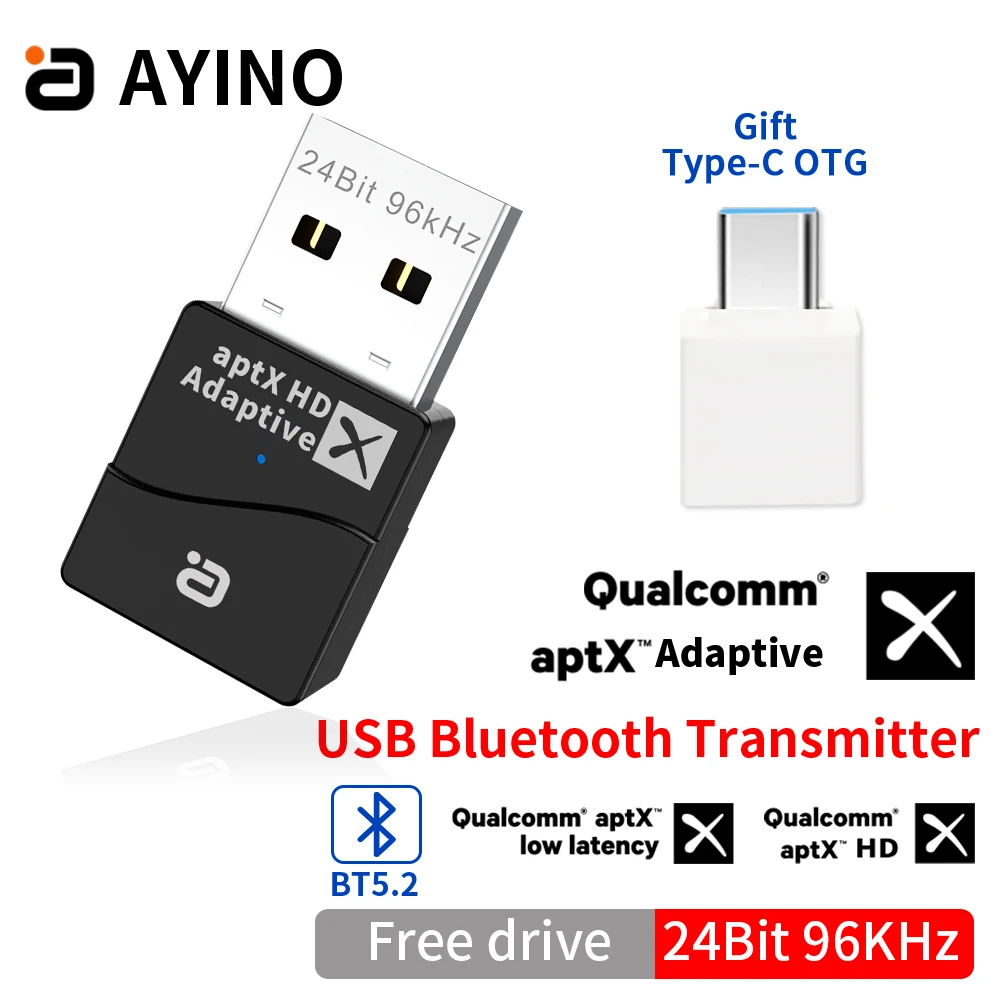AYINO USB Bluetooth 5,2 аудио передатчик QCC3040 24 бит 96 кГц с микрофоном aptX LL HD адаптивный 40 мс низкая задержка беспроводной адаптер
AYINO USB Bluetooth 5,2 аудио передатчик QCC3040 24 бит 96 кГц с микрофоном aptX LL HD адаптивный 40 мс низкая задержка беспроводной адаптер