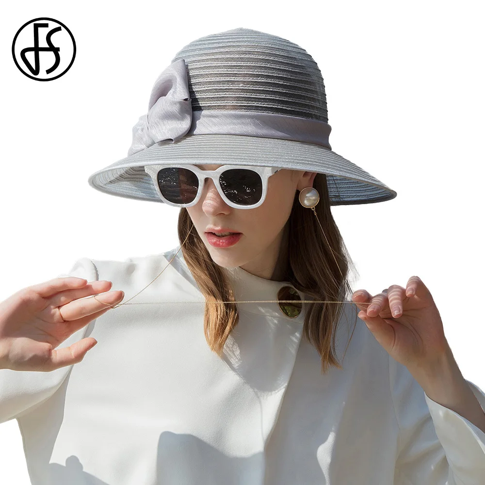 

FS 2022 Women Silvery Grey Hat With Big Bow Black Wide Brim Floppy Foldable Beach Fedoras Female Lady Summer Beige Visor Sun Cap