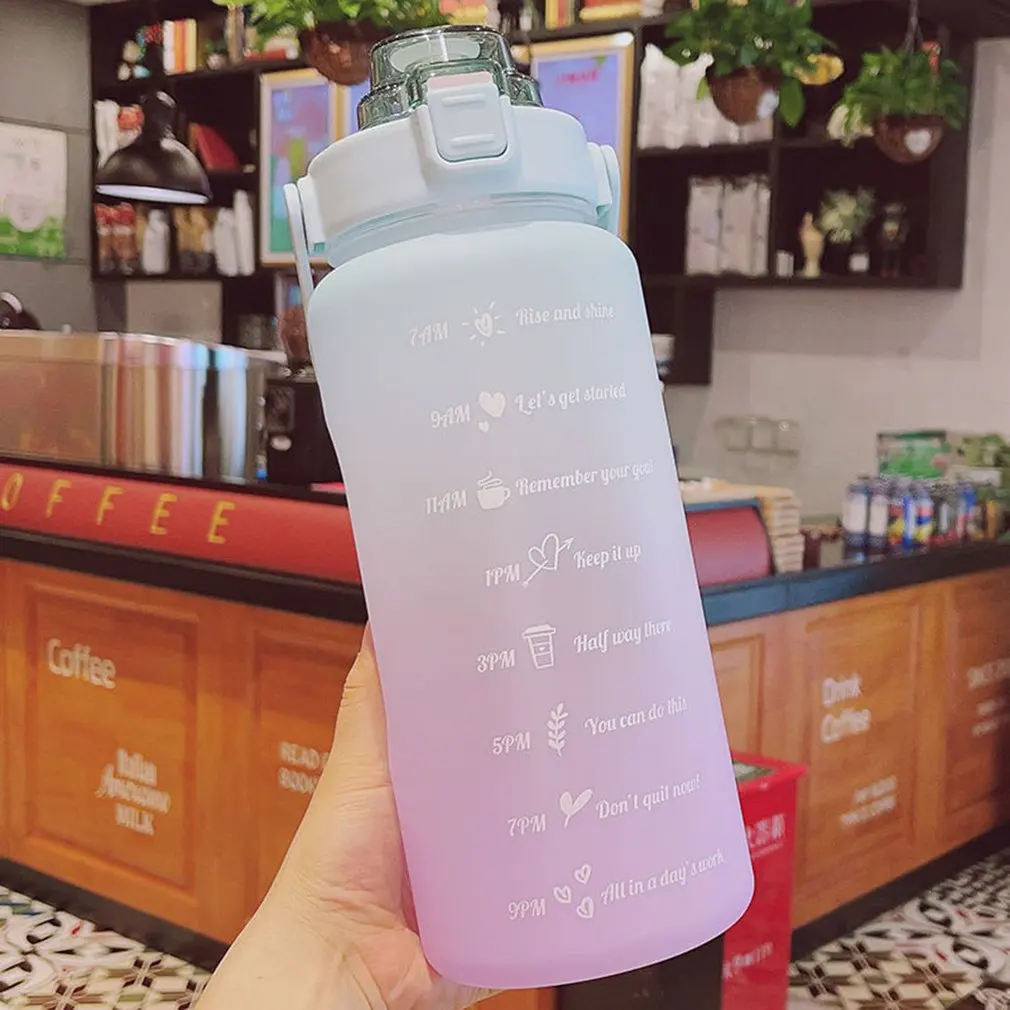 

2L Portable Large-Capacity Water Bottle Time Marker Leak-Proof BPA Frosted Cup For Outdoor Sports Drinking Bottle With Straw