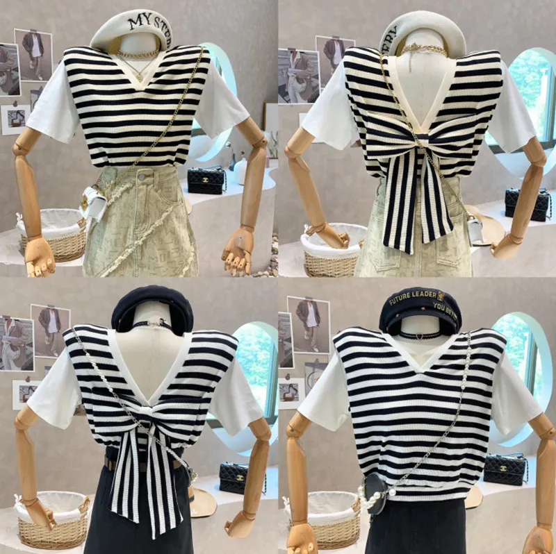 New Women's Clothing 2022 Summer Back bow stripe short sleeve V-neck T-shirt design tops
New Women's Clothing 2022 Summer Back bow stripe short sleeve V-neck T-shirt design tops
