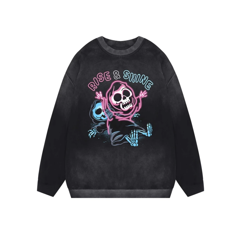 

Full Sleeve Oversize Distressed Washed Aesthetic Black Tops Sweatshirts for Women Men Skulls Print Goth Clothes Streetwear 2023