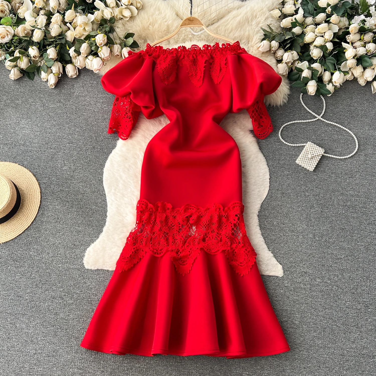 

Elegant Sexy High Waist Lace Ruffle Slash Neck Puff Sleeve Dress Vacation Vestidos Slim Women Party Ceremonial Trumpet Dress