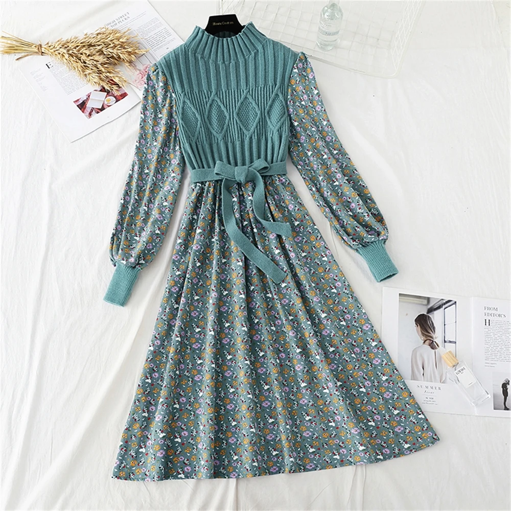 Autumn Sweater Dresses for Women Winter Splicing Pullover Bow Belt Slim Knitting Sweet Corduroy Floral Print Midi Dress
Autumn Sweater Dresses for Women Winter Splicing Pullover Bow Belt Slim Knitting Sweet Corduroy Floral Print Midi Dress