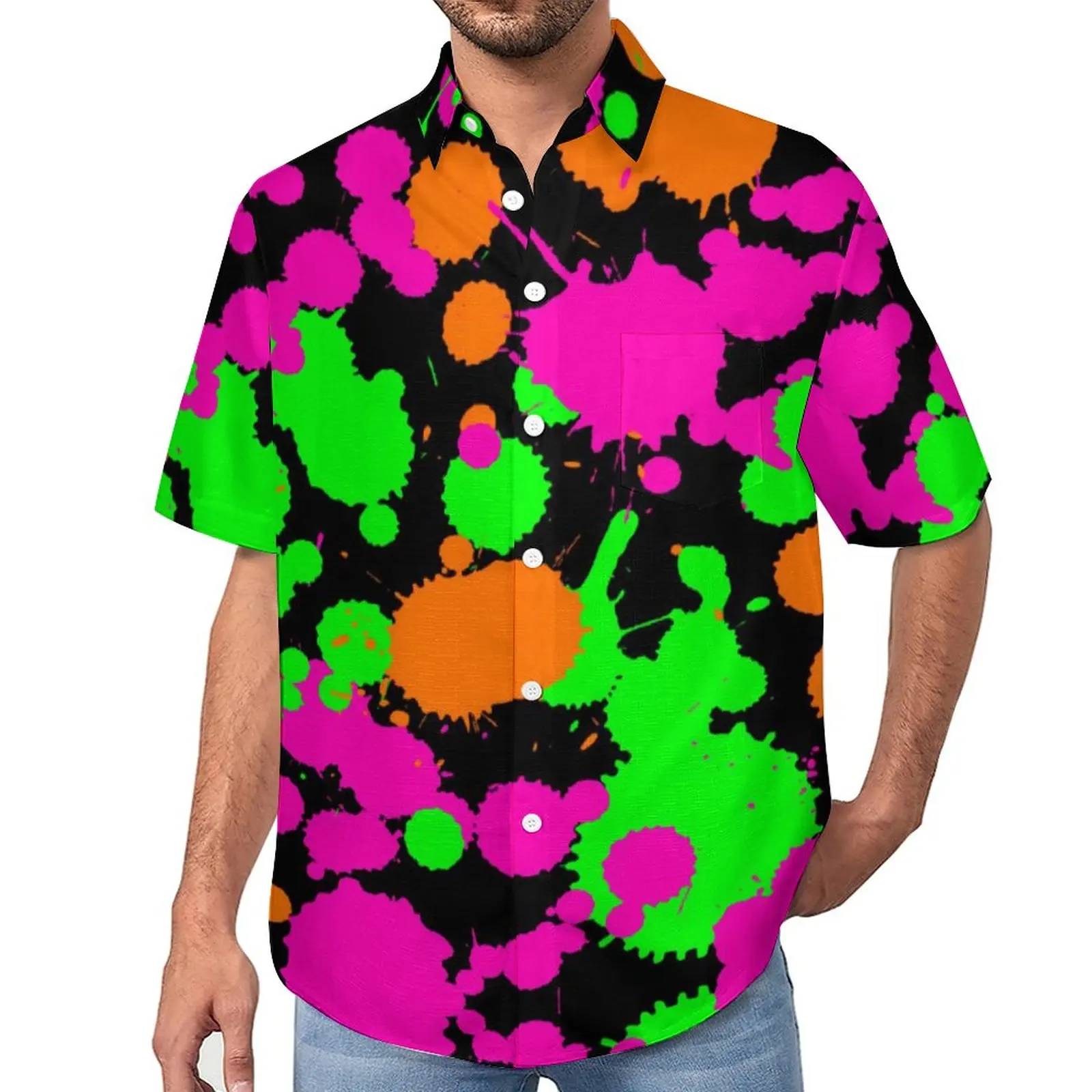 

Neon Paint Casual Shirt Graffiti Splatter Print Vacation Loose Shirt Hawaii Trendy Blouses Short Sleeve Custom Oversized Tops