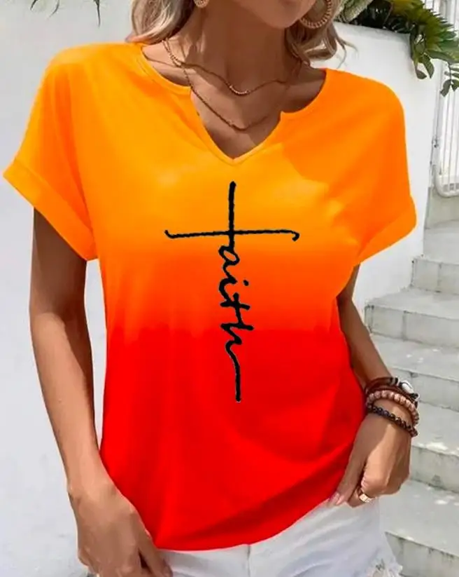 

Fashion Top Women 2023 Faith Print Ombre Notch Neck Casual Women's T-Shirt Casual Short Sleeve Tee Basics Top Y2K Clothes Summer