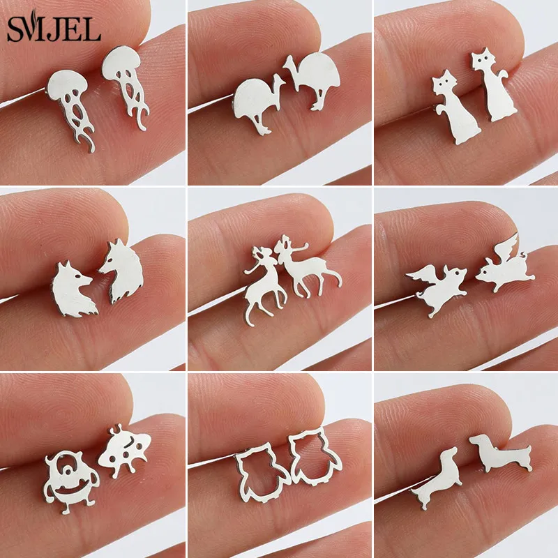 

Small Animal Stainless Steel Earings Cat Deer Owl Dog Fashion Stud Earrings for Women Kids Ear Piercing Body Jewelry Pendientes