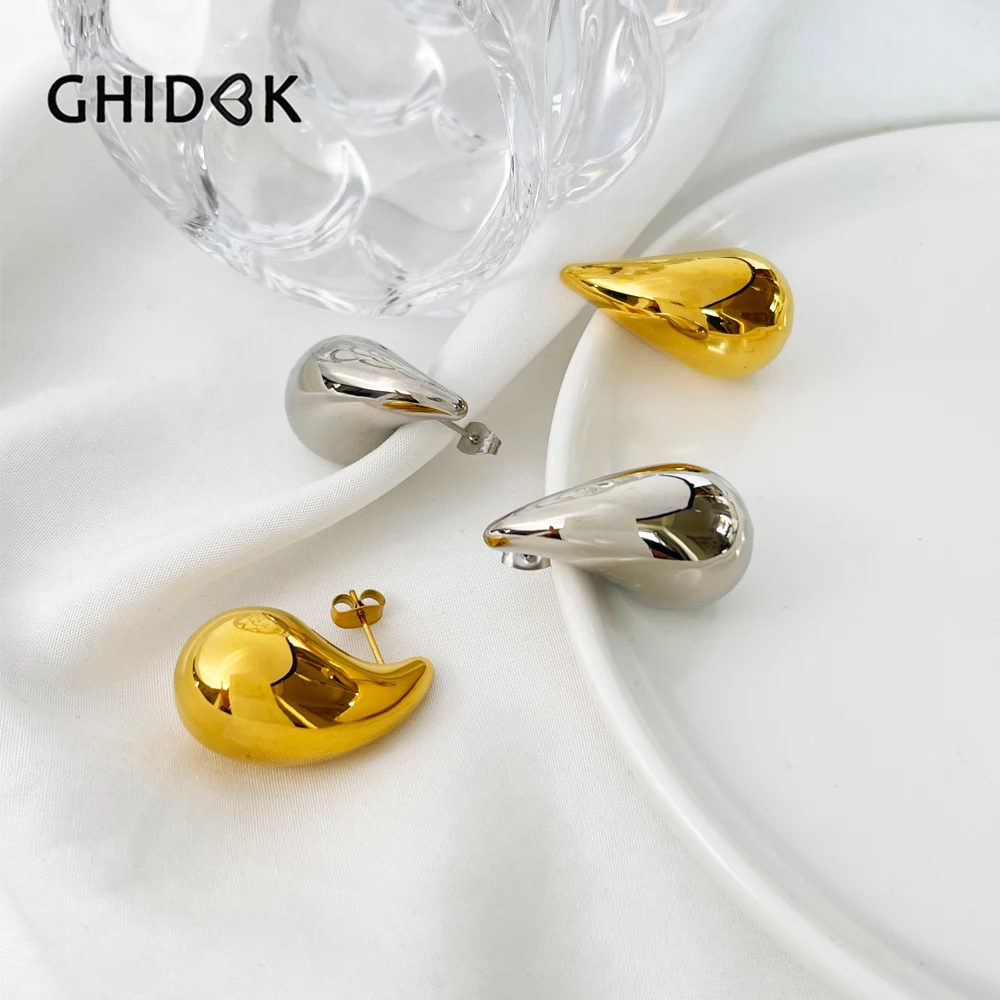 

Ghidbk FREE TARNISH Women's Stainless Steel 18K Gold Pvd Plated Chunky Dome Teardrop Studs Kylie Waterdrop Earrings Hot Sale